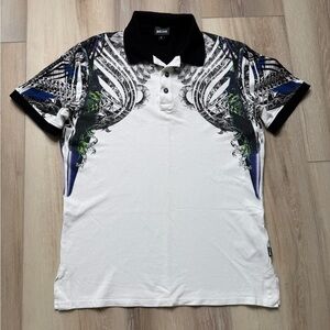 Just Cavalli Graphic Polo Shirt with White Black and Multicolor Print -Size M 🔥